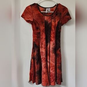 Red Floral Short-Sleeve Fit-and-Flare Dress (sz small/petite)